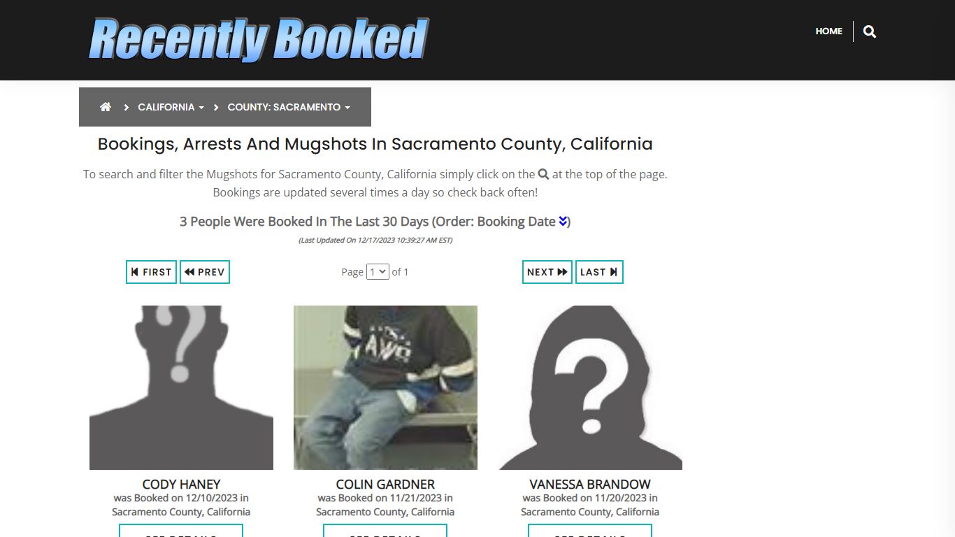 Bookings, Arrests and Mugshots in Sacramento County, California